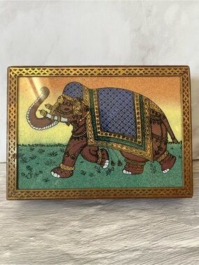 Purpledip Elephant Wooden Box With Gemstones Painting Trinket/Treasures/Jewelry